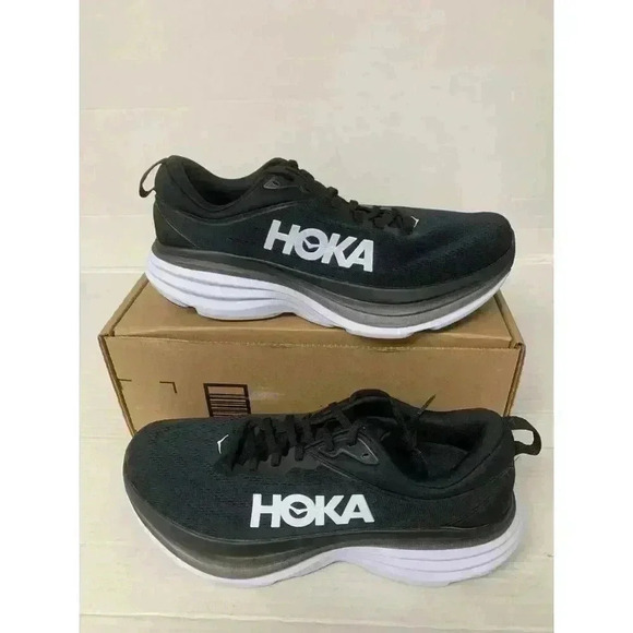 -798 Hoka Bondi 8, Black/White, Mens Running Shoes-US 10 Mens - Picture 1 of 5